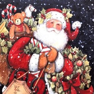 Painted canvas. Santa with his bag of toys.